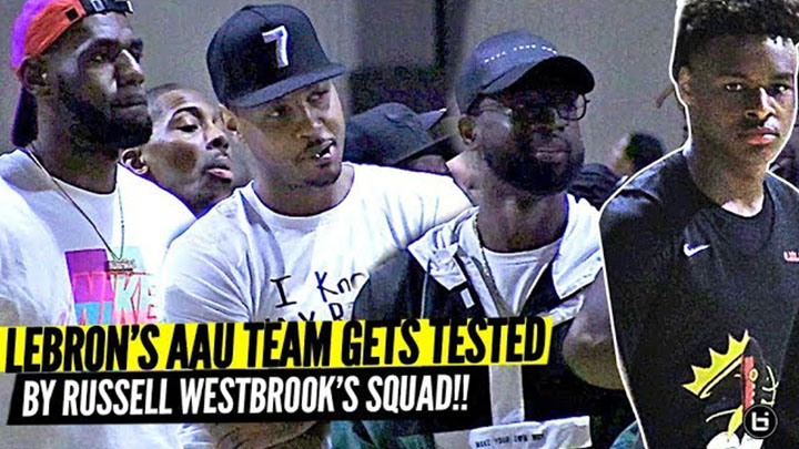 LeBron, DWade, & Melo watch Bronny James vs Russell Westbrook's Team at Nike EYBL!!