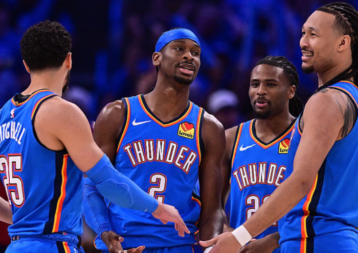 Oklahoma City Thunder celebrate during 2026 NBA Playoffs