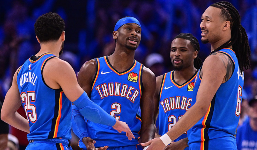Oklahoma City Thunder celebrate during 2026 NBA Playoffs