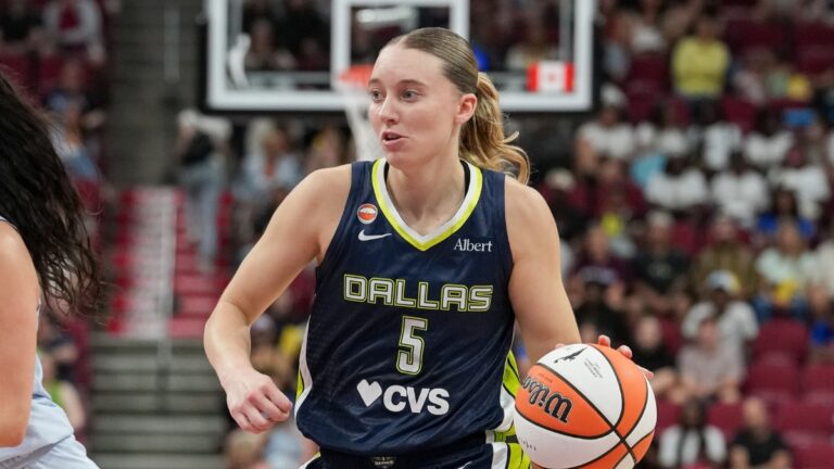 Dallas Wings guard Paige Bueckers dribbles the ball during the first half against the Toronto Tempo at Bell Centre in Montreal.