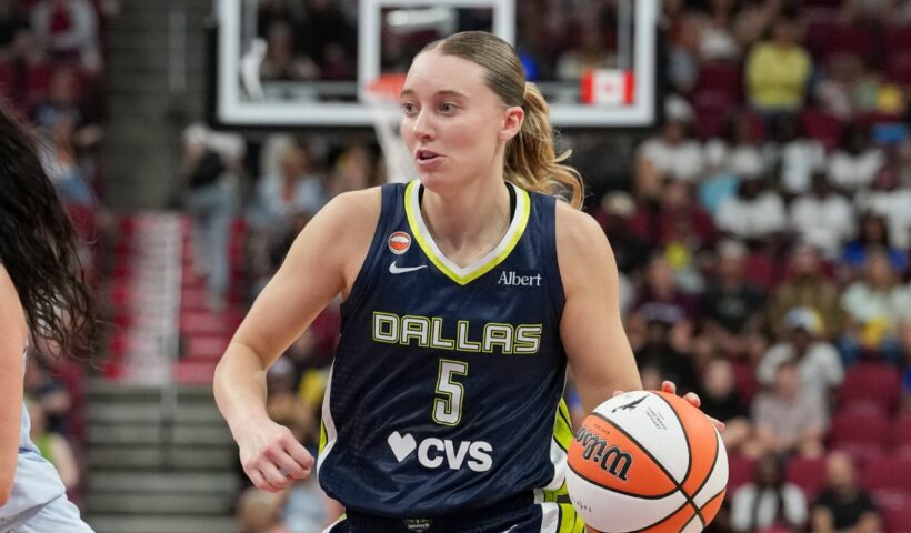 Dallas Wings guard Paige Bueckers dribbles the ball during the first half against the Toronto Tempo at Bell Centre in Montreal.