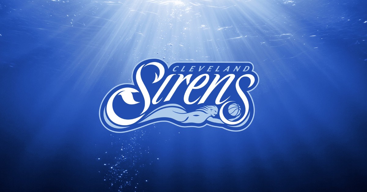 Cleveland Sirens logo unveiled Aug. 4, 2026, with a white script wordmark, a light blue siren, and a basketball.