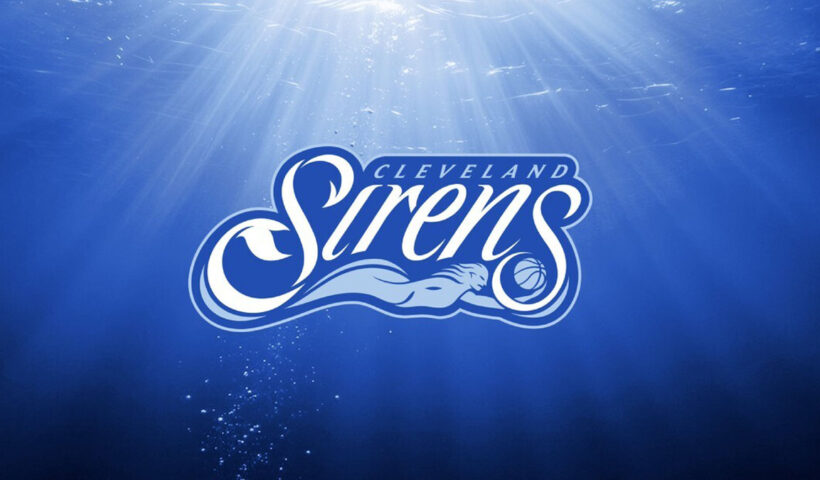 Cleveland Sirens logo unveiled Aug. 4, 2026, with a white script wordmark, a light blue siren, and a basketball.